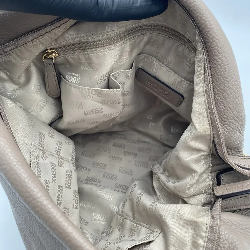 Michael Kors Taupe Hobo Shoulder Bag Soft Pebbled Leather Gold Chain Hardware